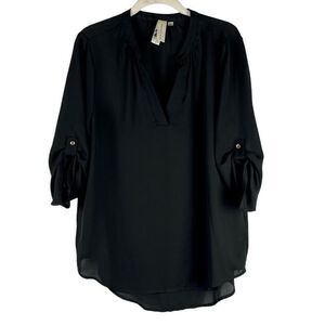 Society Girl Black V-neck Roll Up Sleeve Blouse XL